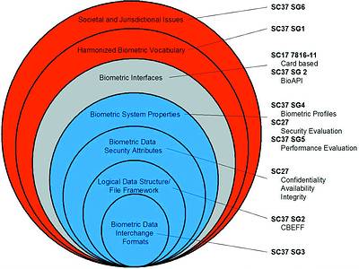 Mapping of biometric standards activities to the scope of biometric application. Source: Bioscript